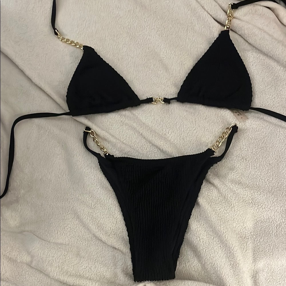 Black Bikini with Gold Chain Accents